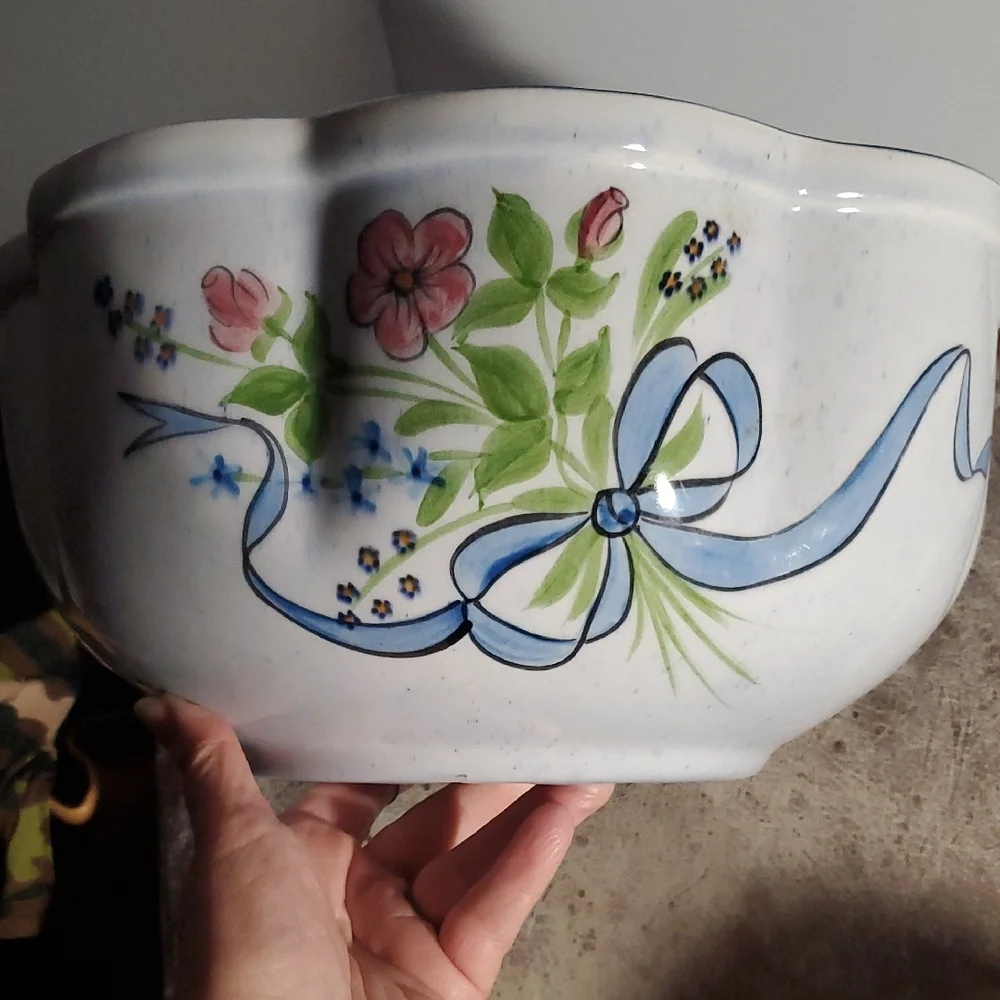 vintage NS GUSTIN CO Floral Ceramic Bowl with Blue Ribbon Design